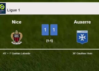 Nice and Auxerre draw 1-1 after Gaëtan Laborde didn't convert a penalty