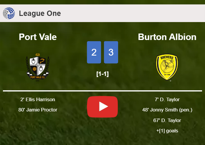 Burton Albion beats Port Vale 3-2 with 2 goals from D. Taylor. HIGHLIGHTS