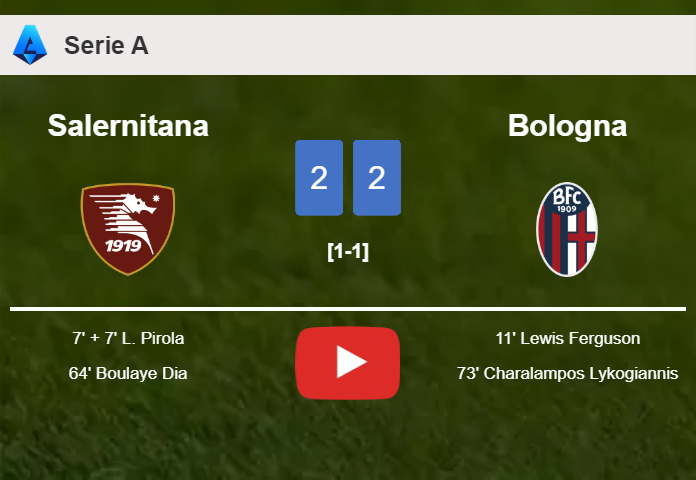 Salernitana and Bologna draw 2-2 on Saturday. HIGHLIGHTS