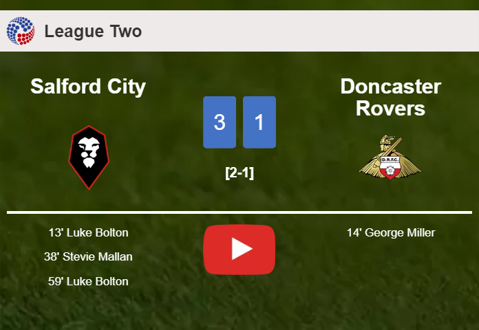 Salford City prevails over Doncaster Rovers 3-1 with 2 goals from L. Bolton. HIGHLIGHTS