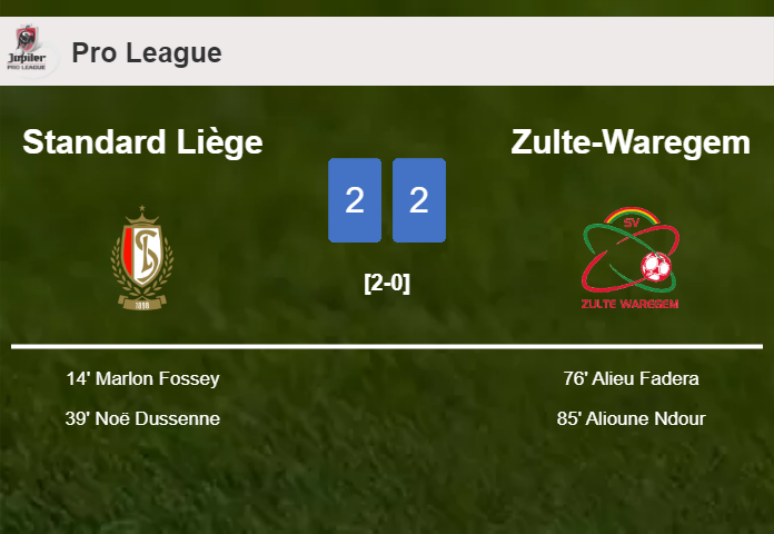 Zulte-Waregem manages to draw 2-2 with Standard Liège after recovering a 0-2 deficit