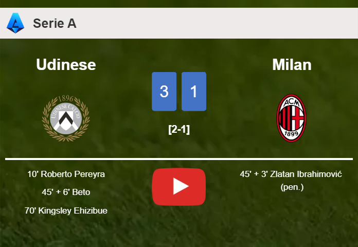 Udinese tops Milan 3-1. HIGHLIGHTS