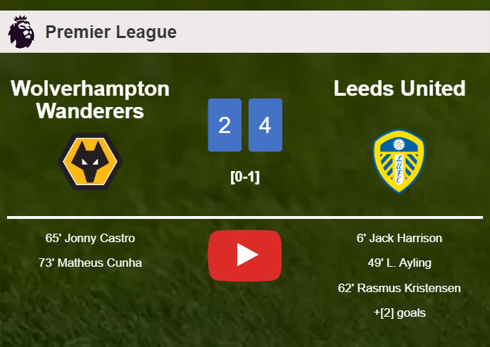 Leeds United defeats Wolverhampton Wanderers 4-2. HIGHLIGHTS