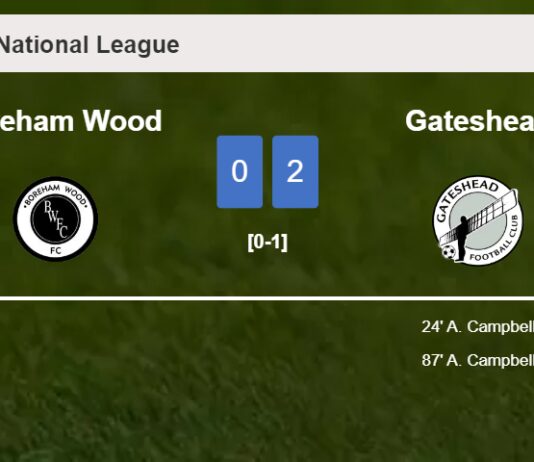 A. Campbell scores 2 goals to give a 2-0 win to Gateshead over Boreham Wood