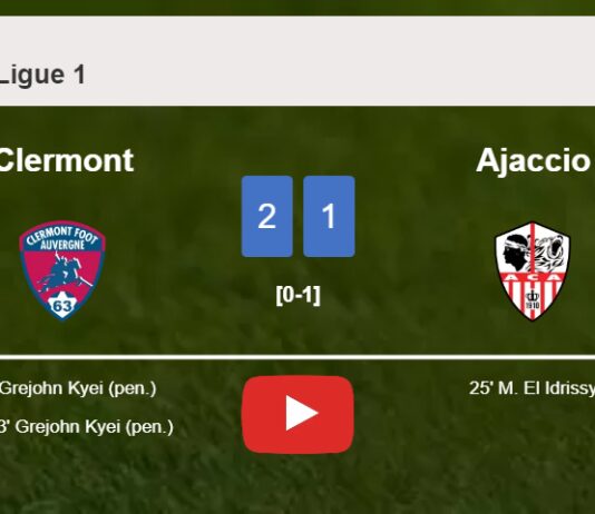 Clermont recovers a 0-1 deficit to prevail over Ajaccio 2-1 with G. Kyei scoring 2 goals. HIGHLIGHTS