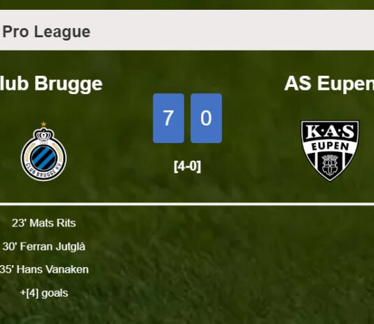 Club Brugge demolishes AS Eupen 7-0 with a superb match