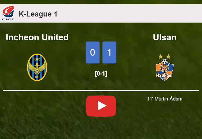 Ulsan tops Incheon United 1-0 with a goal scored by M. Ádám. HIGHLIGHTS