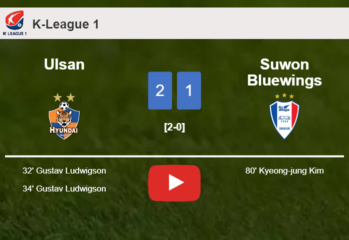 Ulsan beats Suwon Bluewings 2-1 with G. Ludwigson scoring 2 goals. HIGHLIGHTS