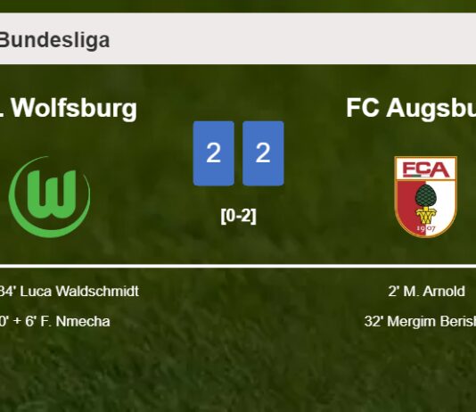 VfL Wolfsburg manages to draw 2-2 with FC Augsburg after recovering a 0-2 deficit