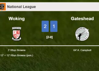 Woking tops Gateshead 2-1 with R. Browne scoring 2 goals