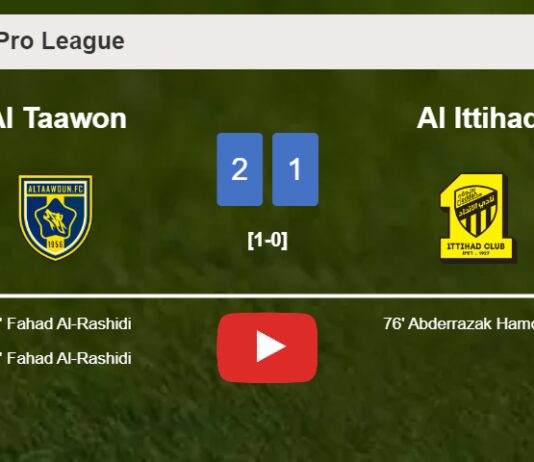 Al Taawon conquers Al Ittihad 2-1 with F. Al-Rashidi scoring 2 goals. HIGHLIGHTS