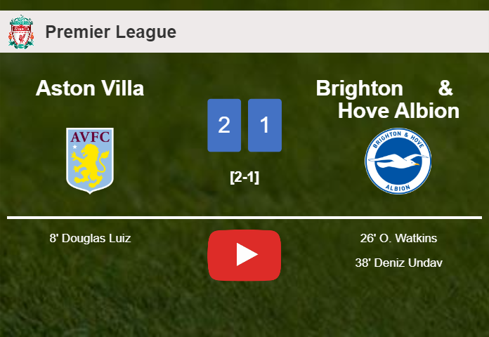 Aston Villa defeats Brighton & Hove Albion 2-1. HIGHLIGHTS