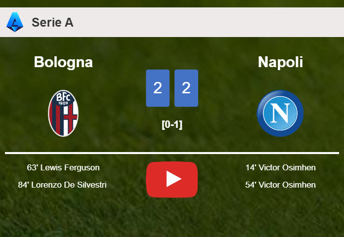 Bologna manages to draw 2-2 with Napoli after recovering a 0-2 deficit. HIGHLIGHTS