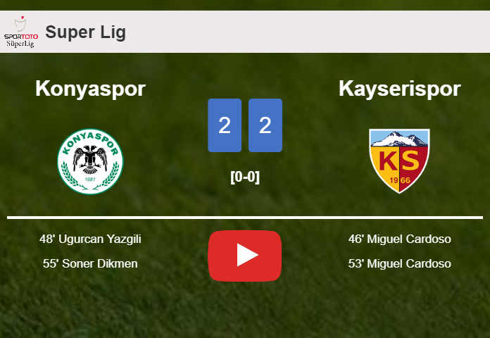 Konyaspor and Kayserispor draw 2-2 on Sunday. HIGHLIGHTS