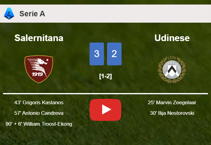 Salernitana defeats Udinese after recovering from a 0-2 deficit. HIGHLIGHTS