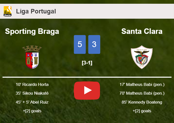 Sporting Braga conquers Santa Clara 5-3 after playing a incredible match. HIGHLIGHTS