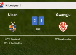 Ulsan recovers a 0-1 deficit to prevail over Gwangju 2-1