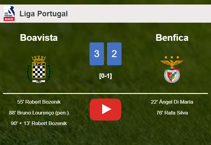 Boavista beats Benfica 3-2 with 2 goals from R. Bozenik. HIGHLIGHTS