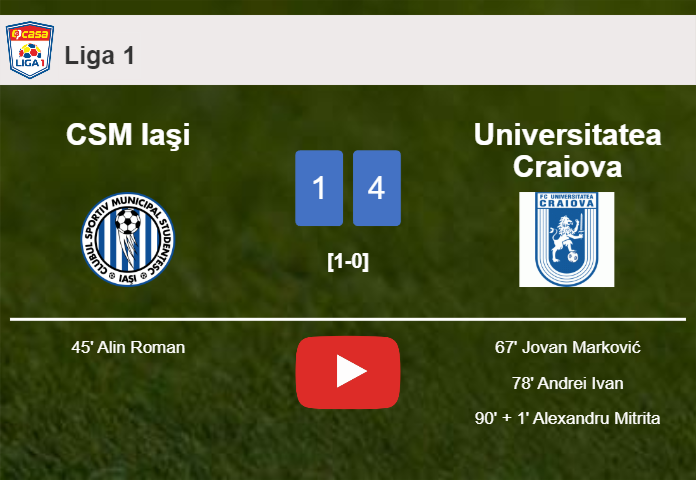 Universitatea Craiova overcomes CSM Iaşi 4-1 after recovering from a 0-1 deficit. HIGHLIGHTS