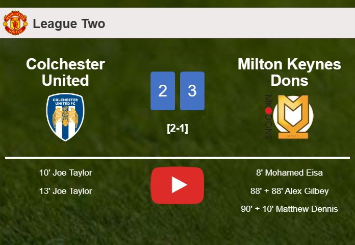 Milton Keynes Dons prevails over Colchester United after recovering from a 2-1 deficit. HIGHLIGHTS