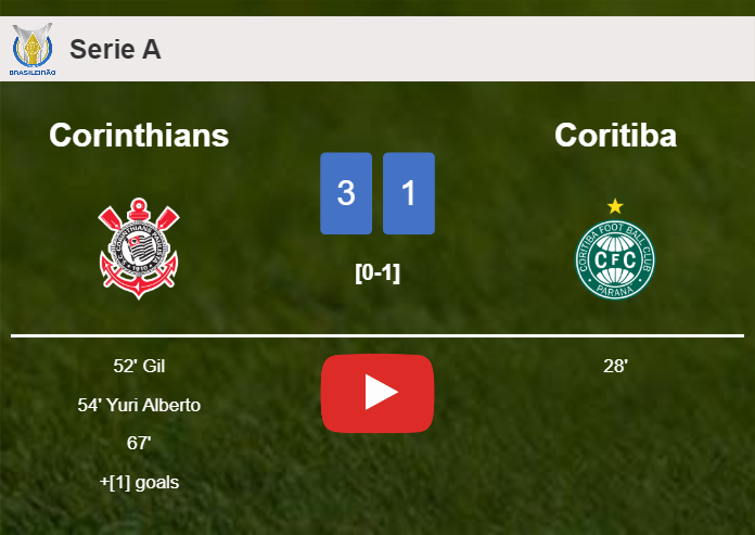 Corinthians conquers Coritiba 3-1 after recovering from a 0-1 deficit. HIGHLIGHTS