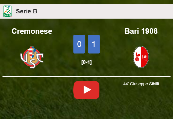 Bari 1908 overcomes Cremonese 1-0 with a goal scored by G. Sibilli. HIGHLIGHTS