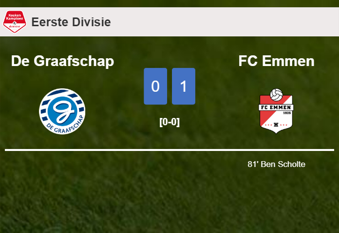 FC Emmen overcomes De Graafschap 1-0 with a goal scored by B. Scholte