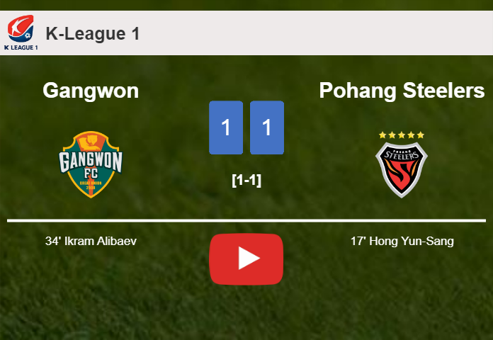 Gangwon and Pohang Steelers draw 1-1 on Saturday. HIGHLIGHTS