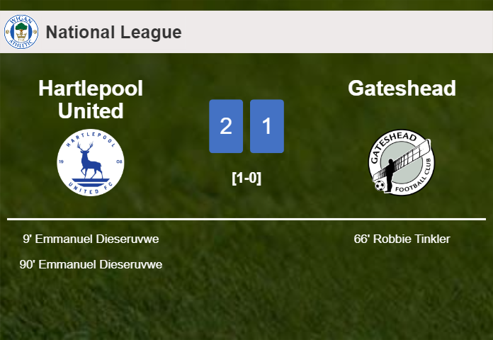 Hartlepool United tops Gateshead 2-1 with E. Dieseruvwe scoring a double