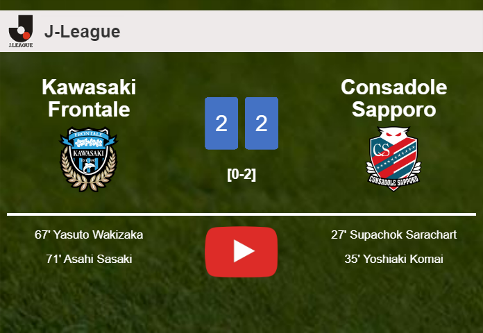 Kawasaki Frontale manages to draw 2-2 with Consadole Sapporo after recovering a 0-2 deficit. HIGHLIGHTS