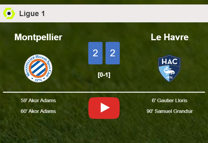 Montpellier and Le Havre draw 2-2 on Sunday. HIGHLIGHTS