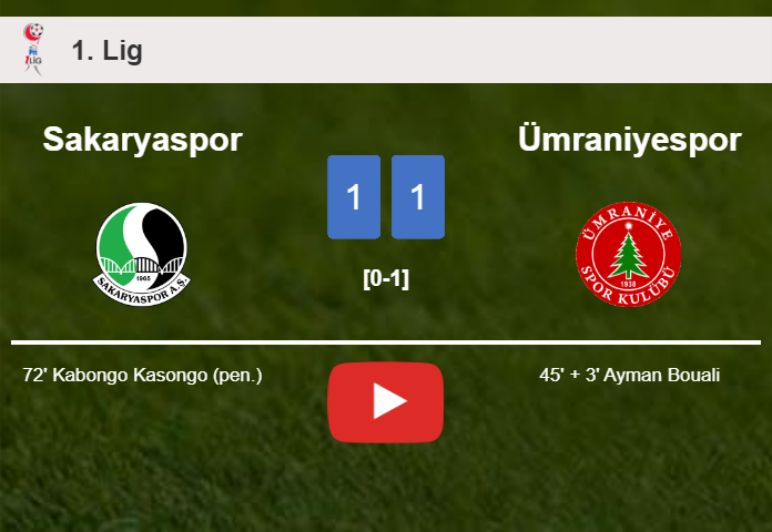 Sakaryaspor and Ümraniyespor draw 1-1 on Saturday. HIGHLIGHTS