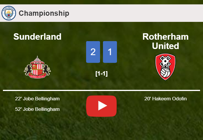 Sunderland recovers a 0-1 deficit to prevail over Rotherham United 2-1 with J. Bellingham scoring 2 goals. HIGHLIGHTS
