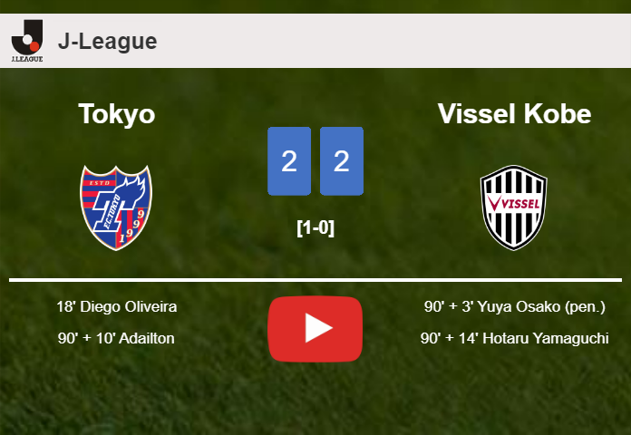 Tokyo and Vissel Kobe draw 2-2 on Saturday. HIGHLIGHTS