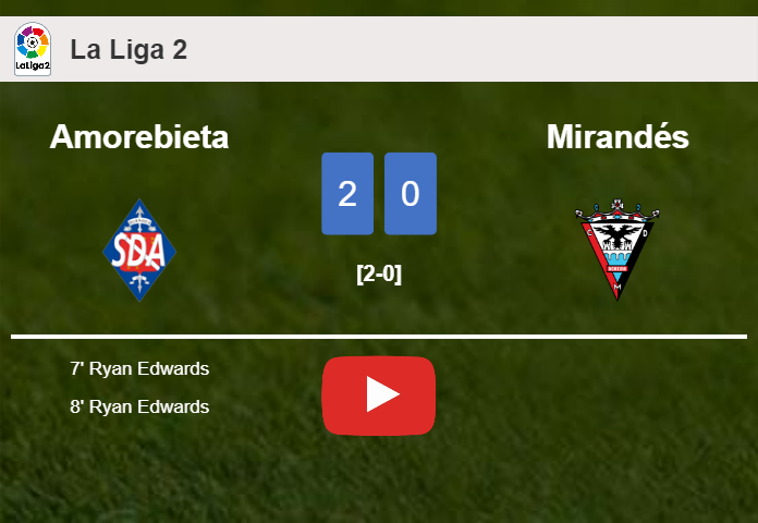 R. Edwards scores a double to give a 2-0 win to Amorebieta over Mirandés. HIGHLIGHTS