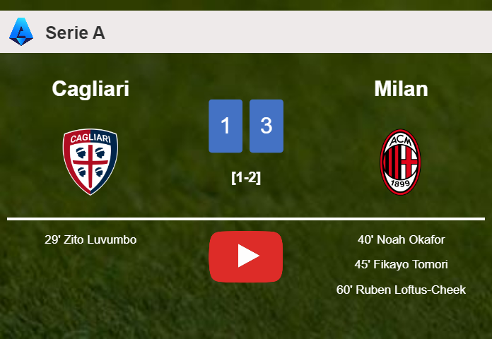 Milan beats Cagliari 3-1 after recovering from a 0-1 deficit. HIGHLIGHTS