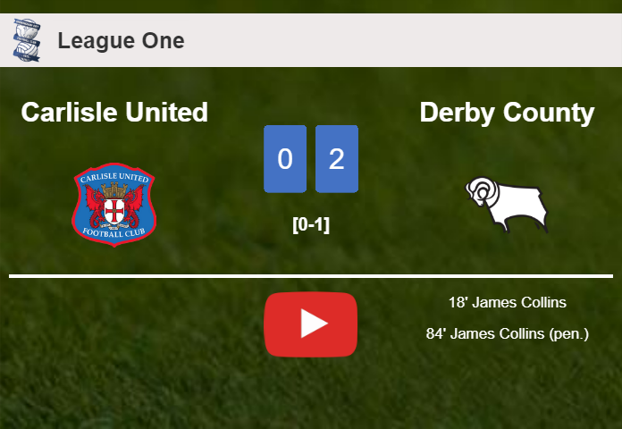 J. Collins scores 2 goals to give a 2-0 win to Derby County over Carlisle United. HIGHLIGHTS