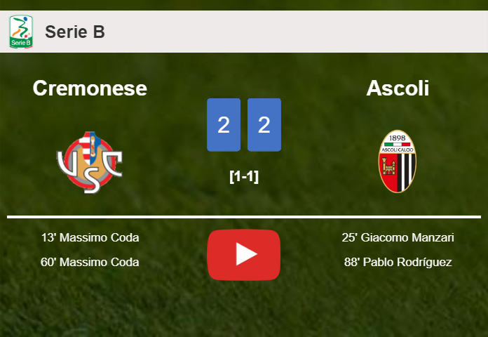 Cremonese and Ascoli draw 2-2 on Saturday. HIGHLIGHTS
