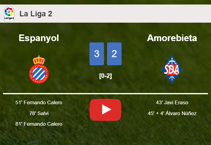 Espanyol beats Amorebieta 3-2 with 2 goals from F. Calero. HIGHLIGHTS