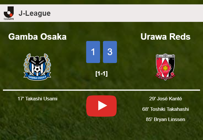 Urawa Reds tops Gamba Osaka 3-1 after recovering from a 0-1 deficit. HIGHLIGHTS