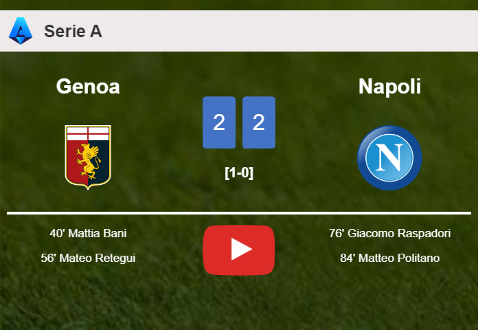 Napoli manages to draw 2-2 with Genoa after recovering a 0-2 deficit. HIGHLIGHTS
