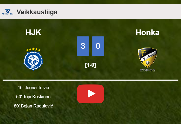 HJK tops Honka 3-0. HIGHLIGHTS