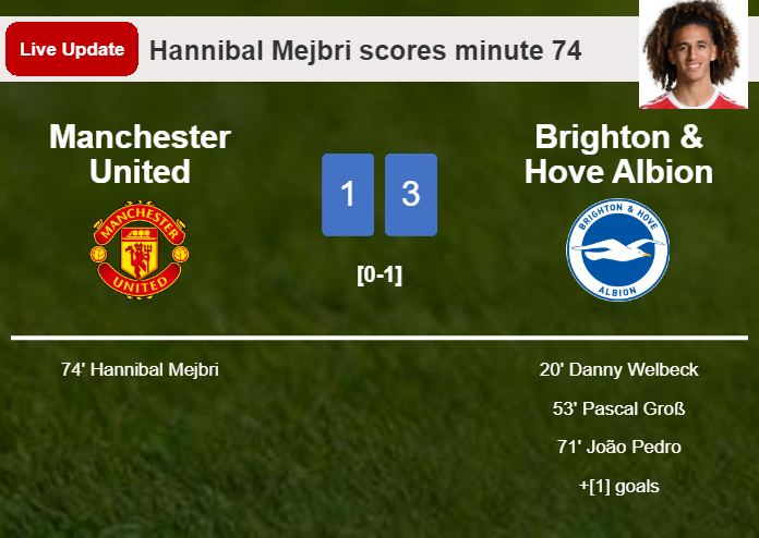 LIVE UPDATES. Manchester United scores again over Brighton & Hove Albion with a goal from Hannibal Mejbri in the 74 minute and the result is 1-3