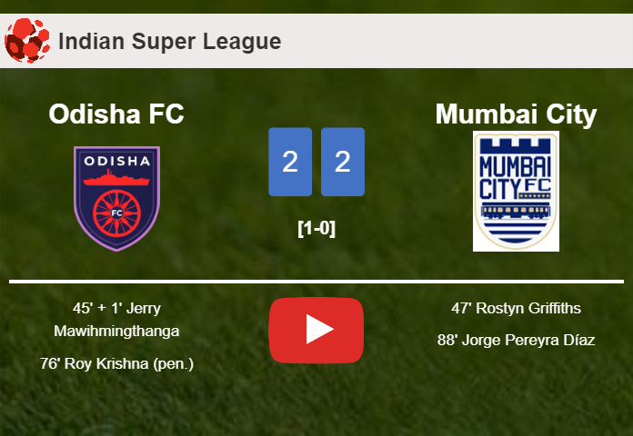 Odisha FC and Mumbai City draw 2-2 on Thursday. HIGHLIGHTS