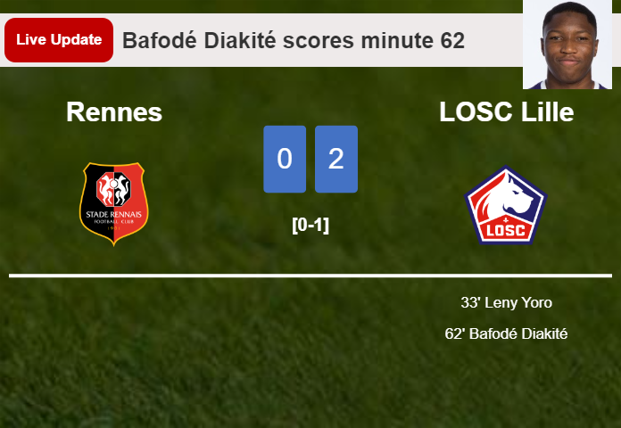 LIVE UPDATES. LOSC Lille extends the lead over Rennes with a goal from Bafodé Diakité in the 62 minute and the result is 2-0