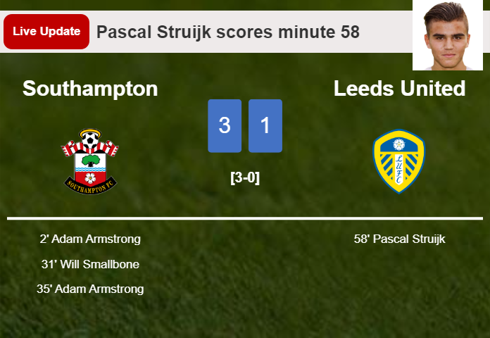 LIVE UPDATES. Leeds United extends the lead over Southampton with a goal from Pascal Struijk in the 58 minute and the result is 1-3