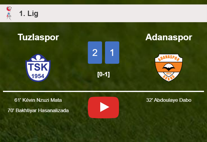 Tuzlaspor recovers a 0-1 deficit to overcome Adanaspor 2-1. HIGHLIGHTS