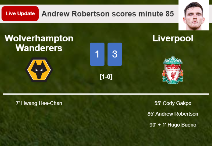 LIVE UPDATES. Liverpool extends the lead over Wolverhampton Wanderers with a goal from Andrew Robertson in the 85 minute and the result is 3-1