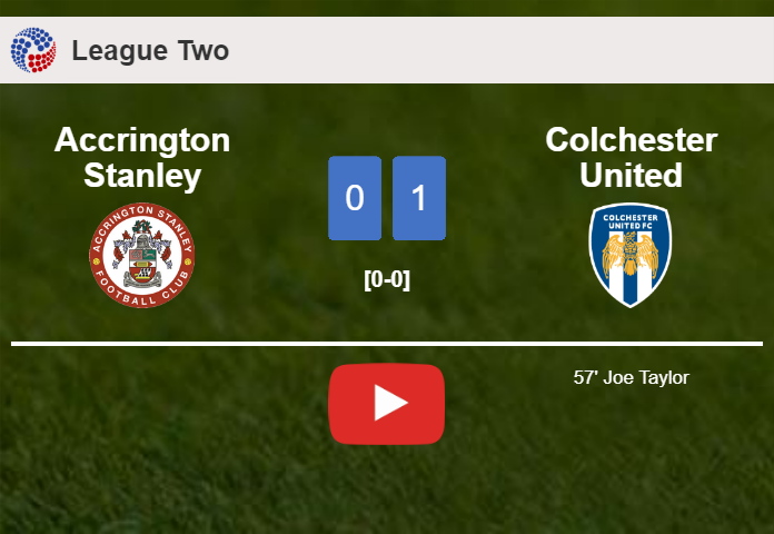 Colchester United prevails over Accrington Stanley 1-0 with a goal scored by J. Taylor. HIGHLIGHTS
