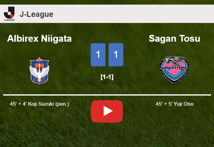 Albirex Niigata and Sagan Tosu draw 1-1 on Saturday. HIGHLIGHTS